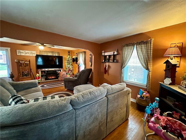 living room with ceiling fan, a wealth of natural light, and hardwood / wood-style flooring