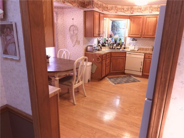 kitchen with white dishwasher, light hardwood / wood-style floors, and sink