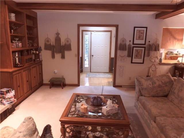 living room featuring beam ceiling and light carpet