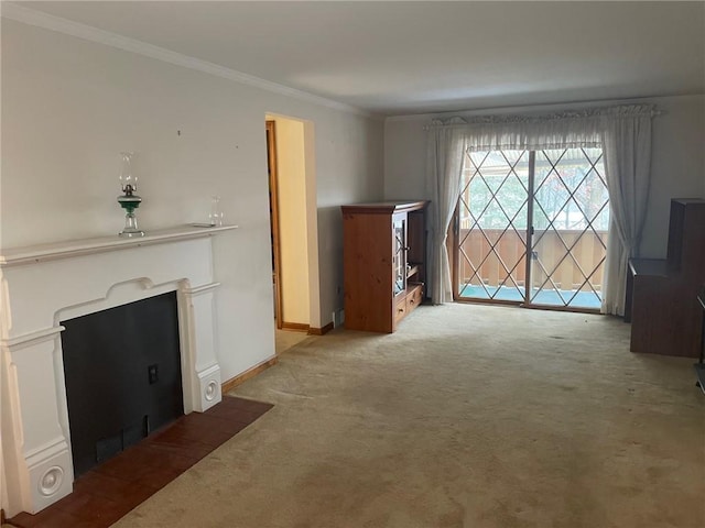 unfurnished living room with carpet, baseboards, and ornamental molding