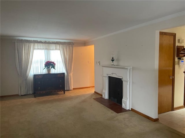 unfurnished living room with carpet flooring and ornamental molding