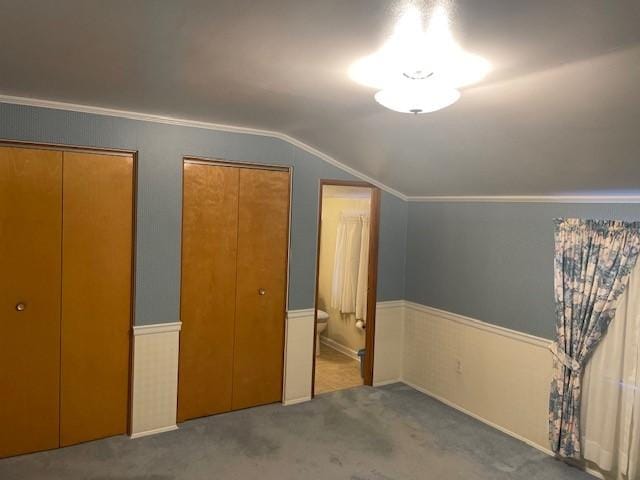 carpeted bedroom featuring lofted ceiling and multiple closets