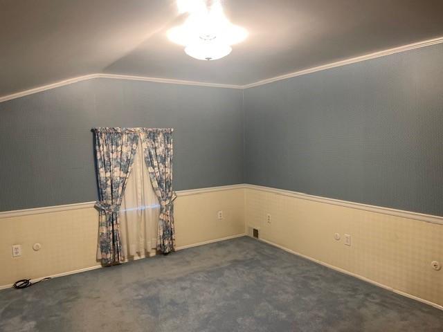 unfurnished room with crown molding, wainscoting, carpet flooring, and vaulted ceiling