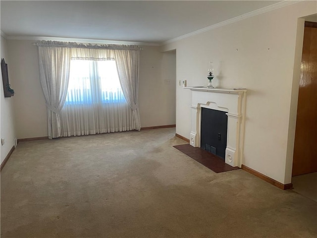 unfurnished living room featuring crown molding, carpet flooring, and baseboards