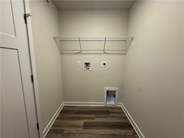 clothes washing area with electric dryer hookup, dark wood-type flooring, and washer hookup