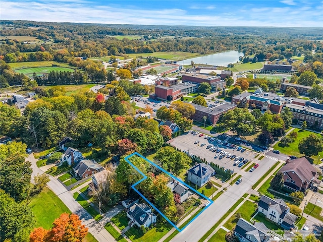 drone / aerial view featuring a water view