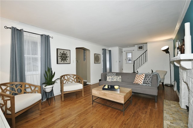 living room with a fireplace, hardwood / wood-style floors, and crown molding