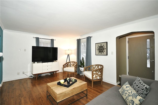 living room with ornamental molding and dark wood-type flooring