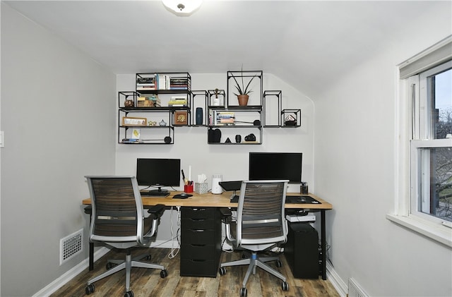 home office featuring hardwood / wood-style flooring