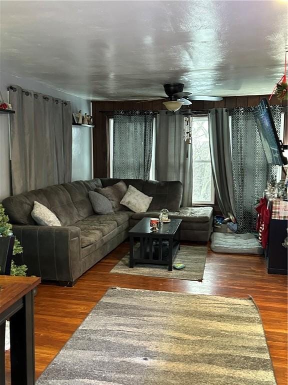 living room with ceiling fan and wood-type flooring