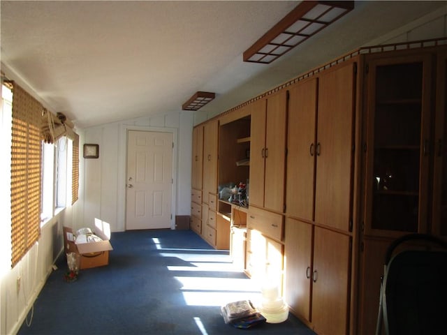 hall featuring dark carpet and lofted ceiling