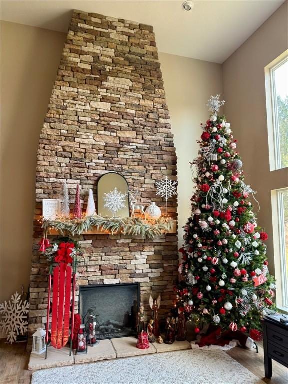 living room featuring a fireplace and hardwood / wood-style floors