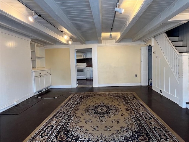 basement with dark hardwood / wood-style flooring and track lighting