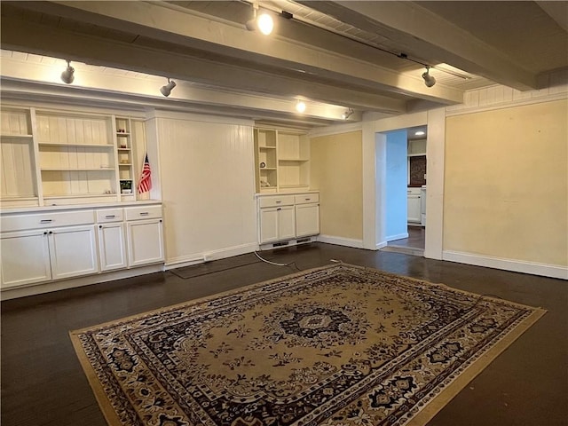 basement with built in shelves and track lighting