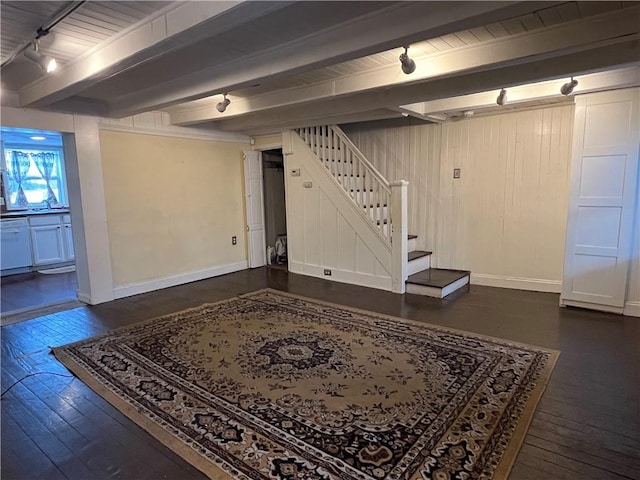 basement with dark hardwood / wood-style flooring and track lighting