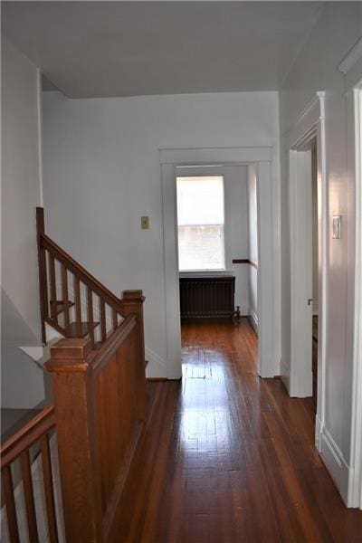 hall with dark hardwood / wood-style flooring and radiator heating unit