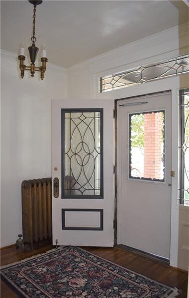 entryway featuring dark hardwood / wood-style floors, radiator, ornamental molding, and a notable chandelier