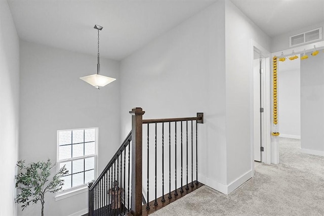 stairs featuring carpet floors