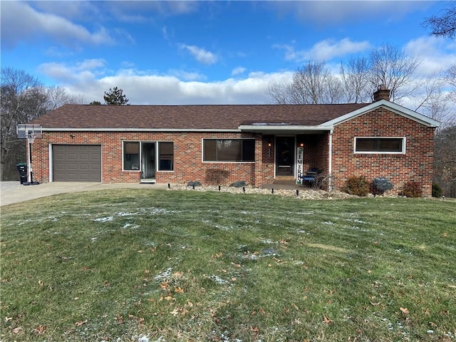 single story home with a garage and a front yard