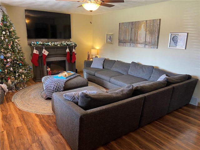 living room with ceiling fan and wood-type flooring