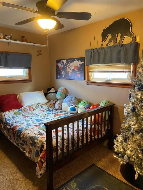 bedroom featuring carpet flooring and ceiling fan