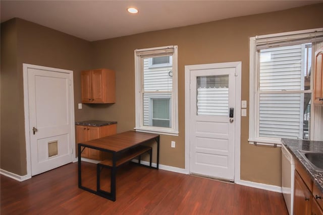 kitchen with dark hardwood / wood-style flooring and white dishwasher