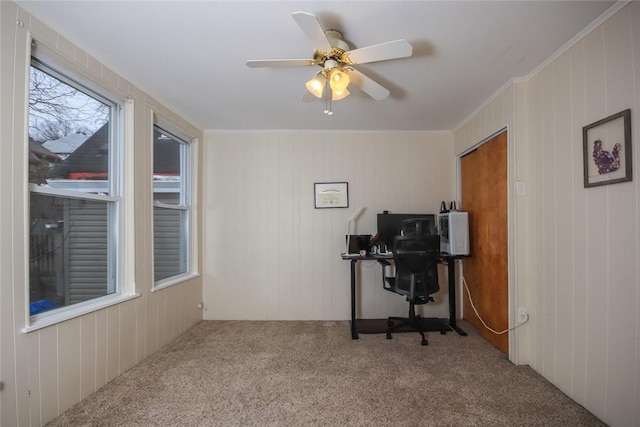 carpeted home office featuring crown molding and ceiling fan