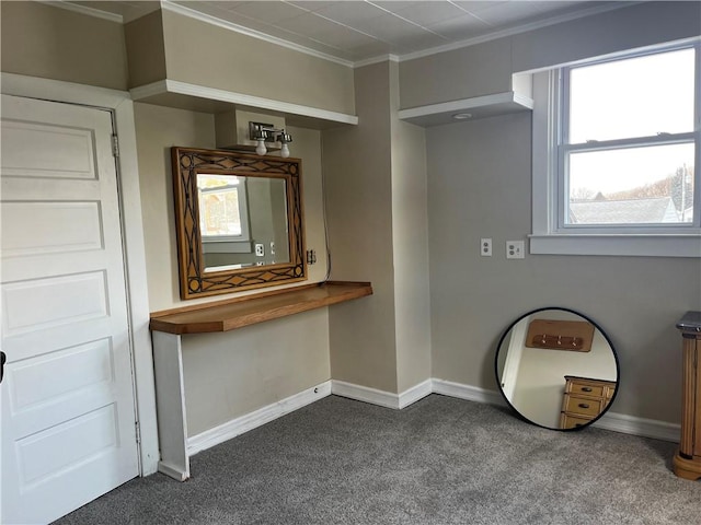 miscellaneous room with dark colored carpet and ornamental molding