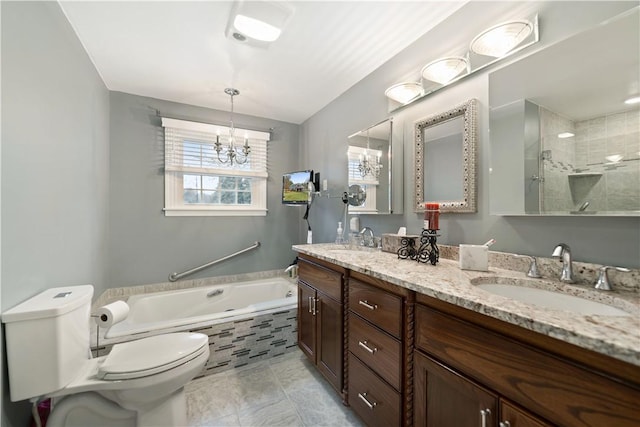 full bathroom featuring an inviting chandelier, tile patterned flooring, separate shower and tub, toilet, and vanity