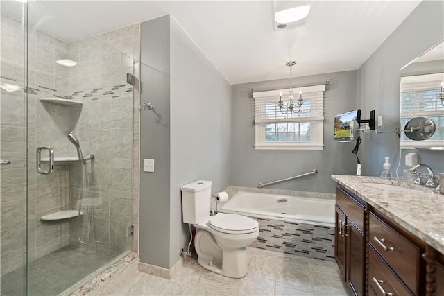 full bathroom featuring toilet, vanity, a chandelier, and shower with separate bathtub