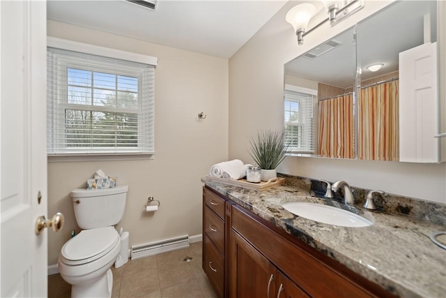 bathroom featuring a shower with shower curtain, vanity, a baseboard radiator, tile patterned flooring, and toilet