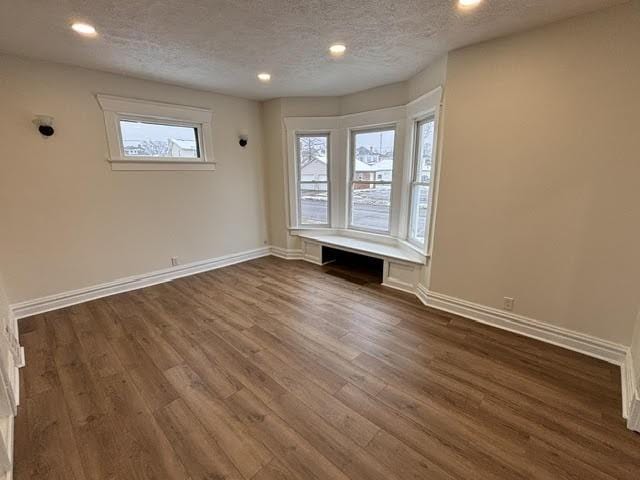 spare room featuring a textured ceiling, dark hardwood / wood-style floors, and a wealth of natural light