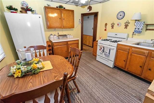 kitchen with carpet, white appliances, and sink