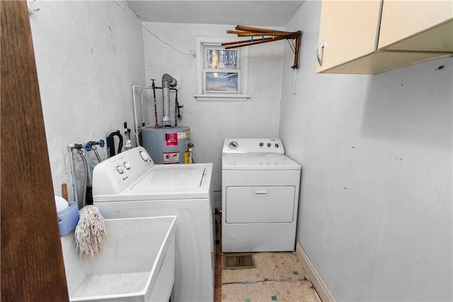 laundry room with cabinets, independent washer and dryer, and water heater