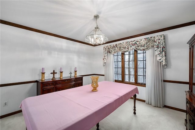 interior space featuring light carpet, ornamental molding, a notable chandelier, and pool table