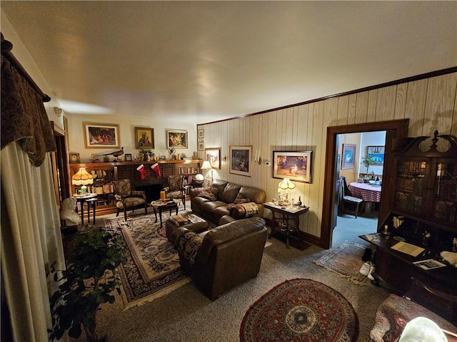 carpeted living room with wooden walls