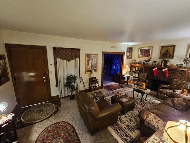 carpeted living room featuring a brick fireplace