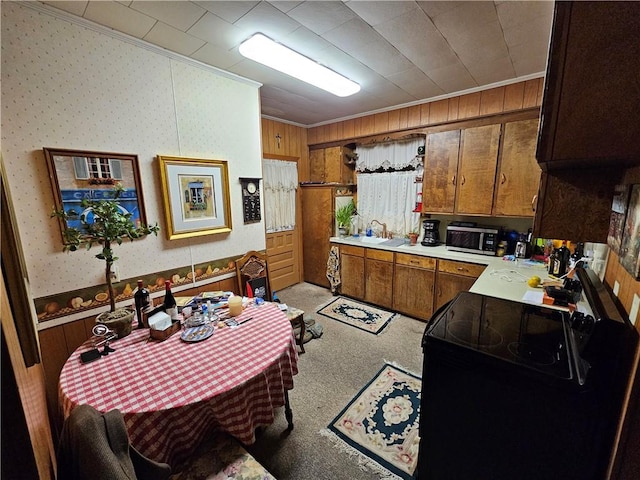 kitchen featuring sink, light colored carpet, crown molding, and black / electric stove