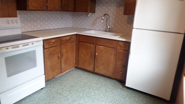 kitchen with tasteful backsplash, sink, and white appliances