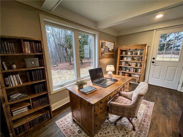 home office featuring beamed ceiling and dark hardwood / wood-style flooring