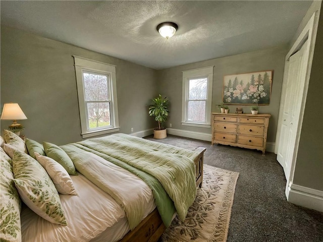 carpeted bedroom with multiple windows, a closet, and a textured ceiling