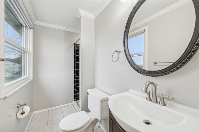 bathroom featuring tile patterned floors, walk in shower, ornamental molding, vanity, and toilet