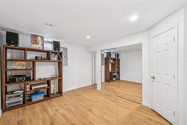 basement with light hardwood / wood-style flooring