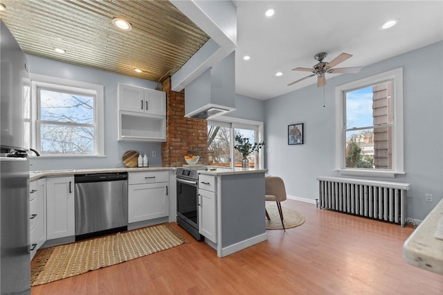 kitchen with radiator heating unit, stainless steel appliances, white cabinetry, and ceiling fan