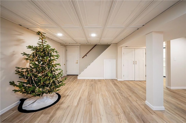 basement with light wood-type flooring