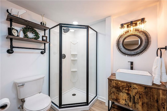 bathroom with vanity, toilet, wood-type flooring, and walk in shower