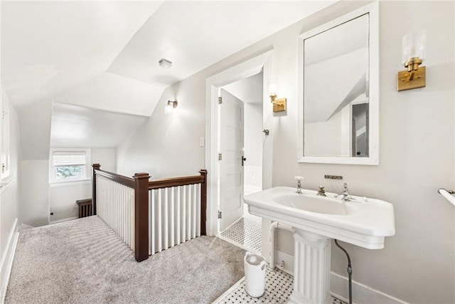 bathroom featuring sink and vaulted ceiling