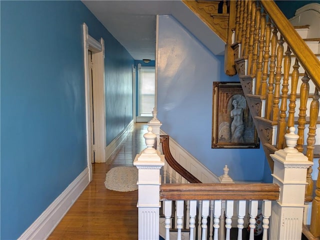 staircase with hardwood / wood-style floors