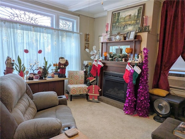 carpeted living room with beam ceiling, crown molding, and cooling unit