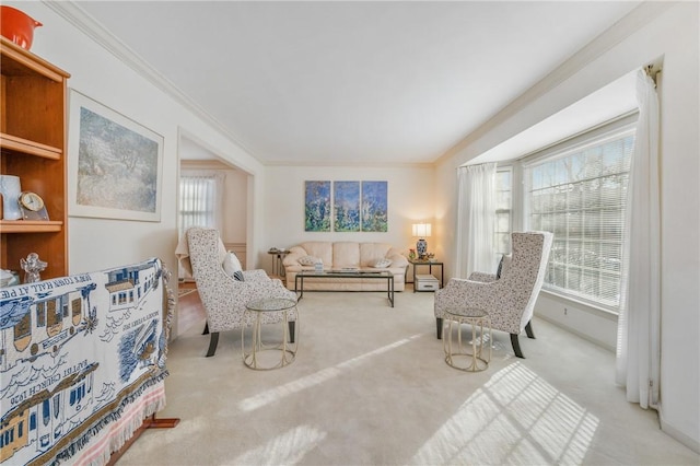 living area featuring light carpet and crown molding